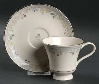 Pickard Waverly Footed Cup & Saucer Set, Fine China Dinnerware   Blue Dots & Scr