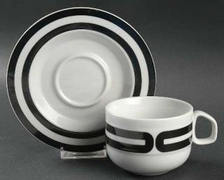 Mikasa Tangent Black Flat Cup & Saucer Set, Fine China Dinnerware   Black Bands