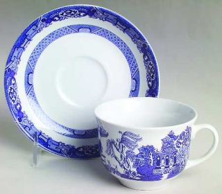 Cuthbertson Blue Willow Flat Cup & Saucer Set, Fine China Dinnerware   Blue Scen