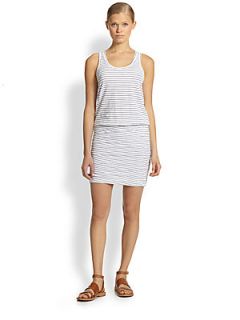 SUNDRY Striped Stretch Cotton Ruched Skirt Dress   White