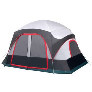 Katahdin Family Camping Tent (White/ green/ redAccessories Zippered duffle bag, pole bag, stake bag, tent stakes and extra guy linesMinimum weight 27.375 poundsPack weight 29 poundsDoors Two (2)Window Five (5)Rooms Two (2)Poles 12Pole material Cha