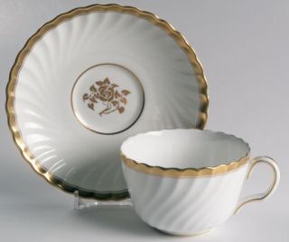 Minton Gold Rose Flat Cup & Saucer Set, Fine China Dinnerware   Scallop,Swirl Ri