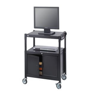 Safco Black Steel Adjustable Av Cart With Cabinet (BlackMaterials SteelSix outlet UL approved mini surge protectorHolds up to a 20 inch monitorAdjustable from 26 to 42 inches (2 inch increment)Four swivel casters (2 locking)Dimensions 26.75 inches wide 