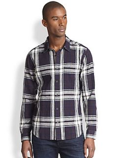 7 For All Mankind Plaid Linen & Cotton Sportshirt   Navy