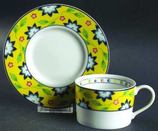 Taitu Primavera Yellow Flat Cup & Saucer Set, Fine China Dinnerware   Yellow Bor
