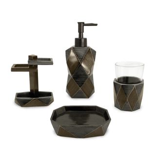Complexity Bath Accessory 4 piece Set (Gun metal Materials Resin Dimensions Lotion/soap dispenser 5.5 inches high x 3.25 inches wide x 2.5 inches deepSoap dish 1.5 inches high x 5.5 inches wide x 3.75 inches deepTumbler 2.75 inches high x 2.5 inches w
