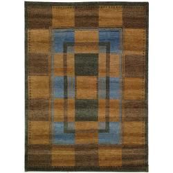 Hand knotted Selaro Grids Brown/ Blue Wool Rug (3 X 5)