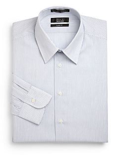 Pinstriped Cotton Button Front Shirt/Slim Fit   Pale Lig
