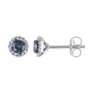 1/2 CT. T.W. White & Heat Treated Blue Diamond Stud Earrings, White, Womens