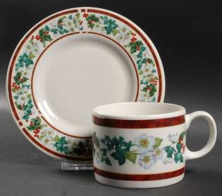 Majesticware Holly Flat Cup & Saucer Set, Fine China Dinnerware   Stoneware,Holl