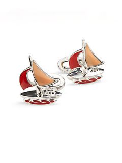 Enamel & Sterling Silver Sailboat Cuff Links   Red Silver
