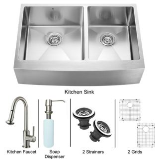 Vigo Industries VG15099 Kitchen Sink Set, Farmhouse Sink, Faucet, Two Grids, Two Strainers amp; Dispenser Stainless Steel