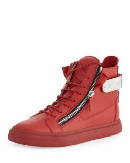 Mens Leather Back Strap High Top Sneaker, Red   Giuseppe Zanotti