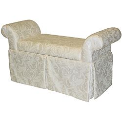 Victoria Rollarm Damask Storage Bench (ParchmentMaterials Wood, polyurethane foam padding, polyester fillUpholstery materials Cotton, polyesterUpholstery color DramaDamask printIndoor/outdoor IndoorDimensions 27 inches high x 51 inches wide x 19 inch