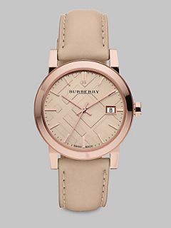 Burberry Check Stamped Leather Strap Watch   Nude