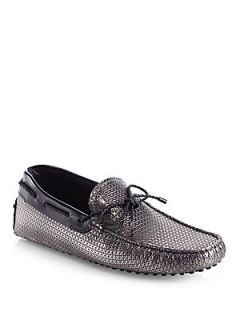 Tods Laccetto Stamped Metallic Leather Drivers   Silver Black  Tods Shoes
