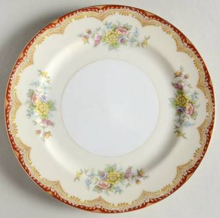 Kikusui Kik3 Salad Plate, Fine China Dinnerware   Red & Tan Border,   Floral Spr