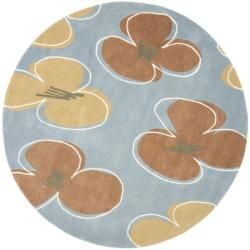 Handmade Soho Daisies Blue New Zealand Wool Rug (6 Round)