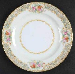 Aichi Aic1 Salad Plate, Fine China Dinnerware   Tan Scrolls On Blue Band,Bouquet