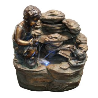Boy with Frog on Rocks Fountain with LED Lights Multicolor   GXT470