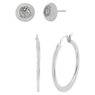 Womens Silver Plated Pave Stud and Hoop Earrings Set of 2   Silver