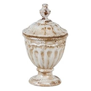 Medium Antique White Ceramic Lidded Jar Decorative Accent