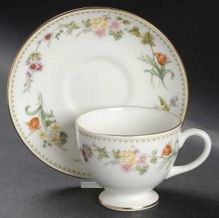 Wedgwood Mirabelle Footed Cup & Saucer Set, Fine China Dinnerware   Bone, Green