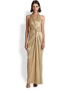 David Meister Pleated Halter Gown   Gold