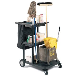 Luxor Three Shelf Black Plastic Janitorial Cart With Black Nylon Trash Bag (BlackMaterials PlasticFinish MatteTop two shelves have a tray for supplies8 inch big wheels and caster bumpersDimensions 24 inches long x 32 inches wide x 48 inches highNumber 
