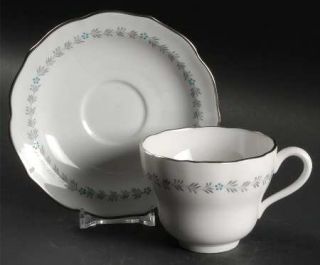 Spode Lyric Footed Cup & Saucer Set, Fine China Dinnerware   Gray Leaves,Turquoi