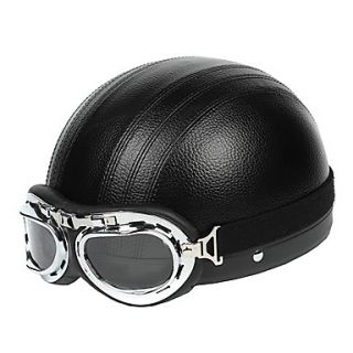 MRC WINTER Black Leather 2 ABS Material Motorcycle Half Helmet (With The Harley Style Lens)