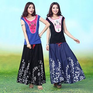 Spring And Autumn Cotton And Hemp Vintage Casual Elastic Waist Women Maxi Sun Skirts