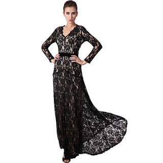 Black Long Sleeved Lace V Neck Evening Gown