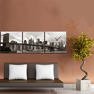Modern Style Gray Buildings Wall Clock in Canvas 3pcs