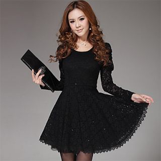 Lishang Womens Korean Style Lace Fitted Long Sleeve Dress(Black)