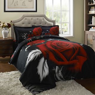 Duvet Cover Set,4 Piece 100%Cotton 3D Effect Reactive Printed Rose in Black Full Size