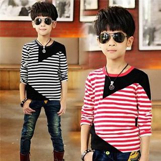 Boys Round Collar Color Matching Stripe Long sleeved T shirt