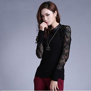 Womens Stand Leather Collar Lace Joint Long Sleeve Basic Knitted Sweater