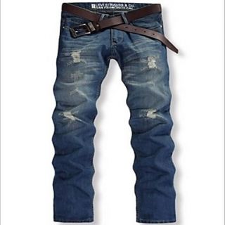Mens Casual Long Straight Ripped Jeans(Belt Not Included,Broken Holes Random)