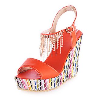 Faux Leather Womens Wedge Heel Open Toe Sandals With Chain Shoes(More Colors)