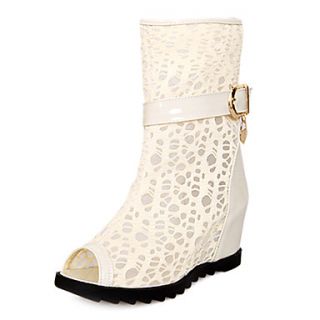 Faux Leather/Tulle Womens Wedge Heel Peep Toe Fashion Boots Mid Calf Boots With Buckle(More Colors)