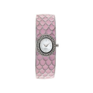 Womens Feather Patterned Closed Bangle Bracelet Watch, Pink