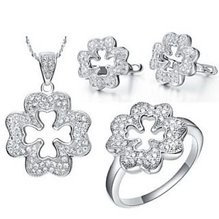 Sweet Silver Plated Silver With Cubic Zirconia Pierced Clover Womens Jewelry Set(Including Necklace,Earrings,Ring)