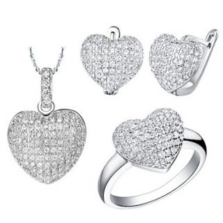 Classic Silver Plated Clear Cubic Zirconia Heart Shaped Womens Jewelry Set(Necklace,Ring,Earrings)