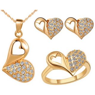 European Silver Plated Cubic Zirconia Half Pierced Heart Womens Jewelry Set(Necklace,Earrings,Ring)(Gold,Silver)