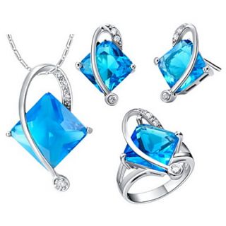 Original Silver Plated Cubic Zirconia Square Womens Jewelry Set(Necklace,Earrings,Ring)(Blue,Red,Purple)