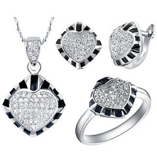 Original Silver Plated Cubic Zirconia Heart On Rectangle Womens Jewelry Set(Necklace,Earrings,Ring)