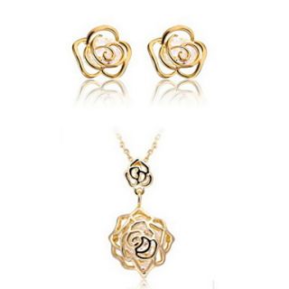 Delicate Alloy Gold Plated With Cubic Zirconia Pierced Flower Womens Jewelry Set(Including Necklace,Earrings)