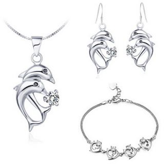 Delicate Silver Plated Silver With Cubic Zirconia Dolphins Womens Jewelry Set(Including Necklace,Earrings,Bracelet)