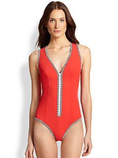 Karla Colletto Swim One Piece Pinstripe Trim Swimsuit   Red